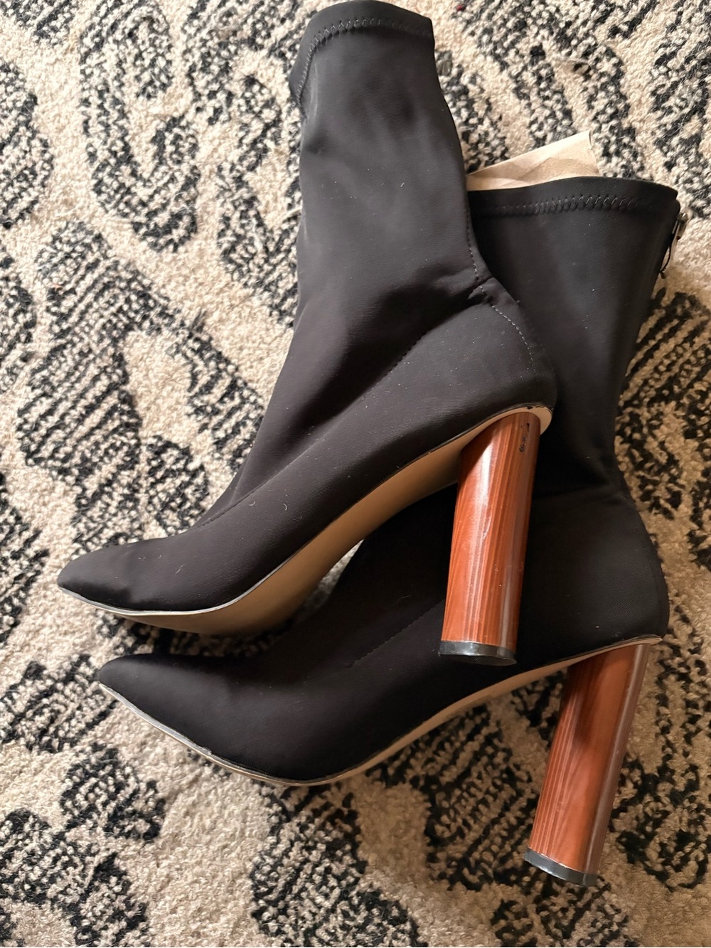 Vintage Black Stretch Sock Boots with Wood-Tone Block Heel